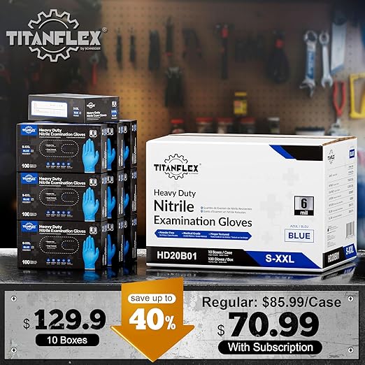 TitanFlex Nitrile Exam Gloves, Blue, 6-mil, XXL, Case of 1000, Heavy Duty Nitrile Gloves Disposable Latex Free, Powder Free, Medical Gloves, Cooking Gloves, Mechanic Gloves, Cleaning Gloves