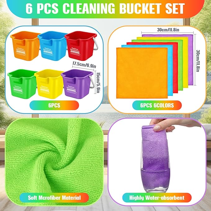 Vesici 6 Sets 3 Quart Cleaning Bucket with Microfiber Cleaning Cloths Small Sanitizing Square Bucket Detergent Plastic Utility Pail with Handle for Household Restaurant Office School Use (Colorful)