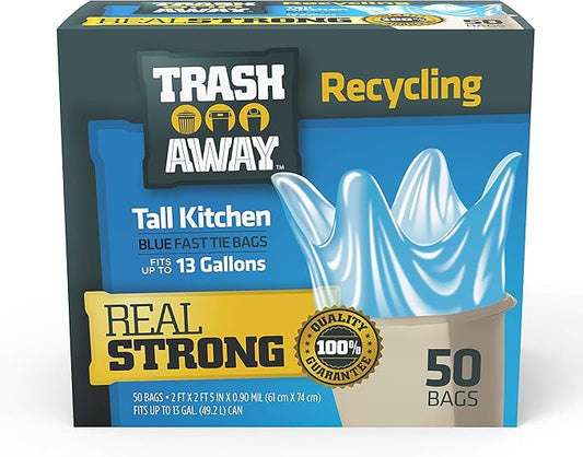Heavy Duty Recycling Bags | Tall & Strong Bags for Home & Kitchen - (50 Ct, 13 Gallons) Large Trash Bags Paper, Plastic & Aluminum | Thick Recycle Bin Bags (Blue)