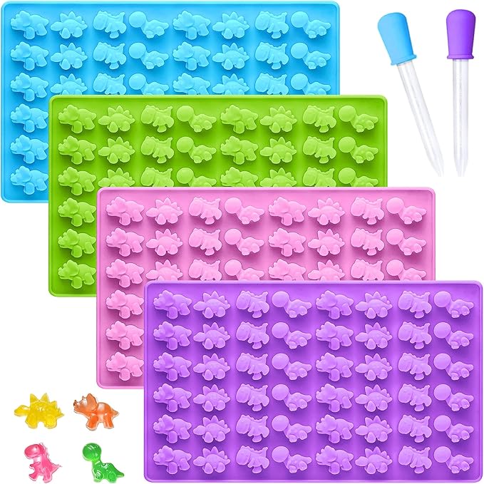 Dinosaur Silicone Molds 4 PCS, Non-stick Mini Size Candy Gummy Molds with 2 Droppers, BPA Free Food Grade Silicone Molds, Chocolate Molds