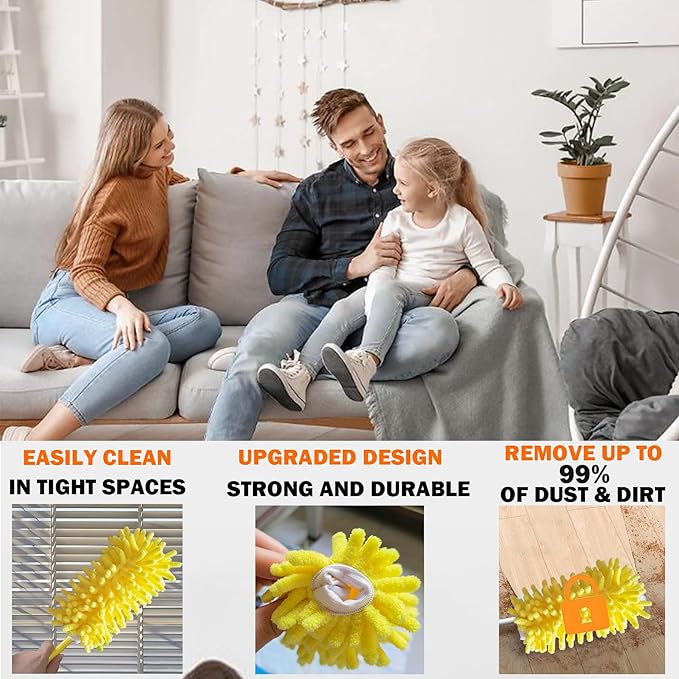 Reusable Duster for Swiffer, 4 Refills +1 Handle, 360 Heavy Duty Duster Refill Compatible with Swiffer Hand Dusters, for Dusting Furniture, Blinds, Ceiling Fans, Walls and More, Yellow