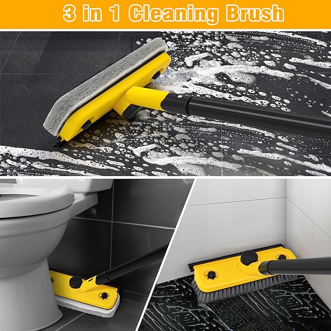 JEHONN Shower Cleaning Brush, 53.5 inches Long Handle Scrubbing Brush, 3-in-1 Bathroom Tub Tile Scrubber Mop with Squeegee for Bathtub Sink Tile Floor Wall Glass Deck (Yellow)