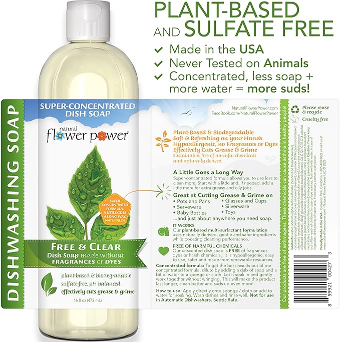 Natural Flower Power Liquid Dish Soap – Free & Clear (Unscented) – Plant-Based & Scented w/ Pure Essential Oils – Natural Dishwashing Detergent – Sulfate-Free Kitchen Soap – Vegan (16 Fl Oz 3 Pack)
