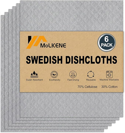 Swedish Dishcloths for Kitchen | 6 Pack Absorbent Cellulose Sponge Cloths Washable | Non-Scratch Reusable Paper Towels Quick Drying Cleaning Cloths - Grey