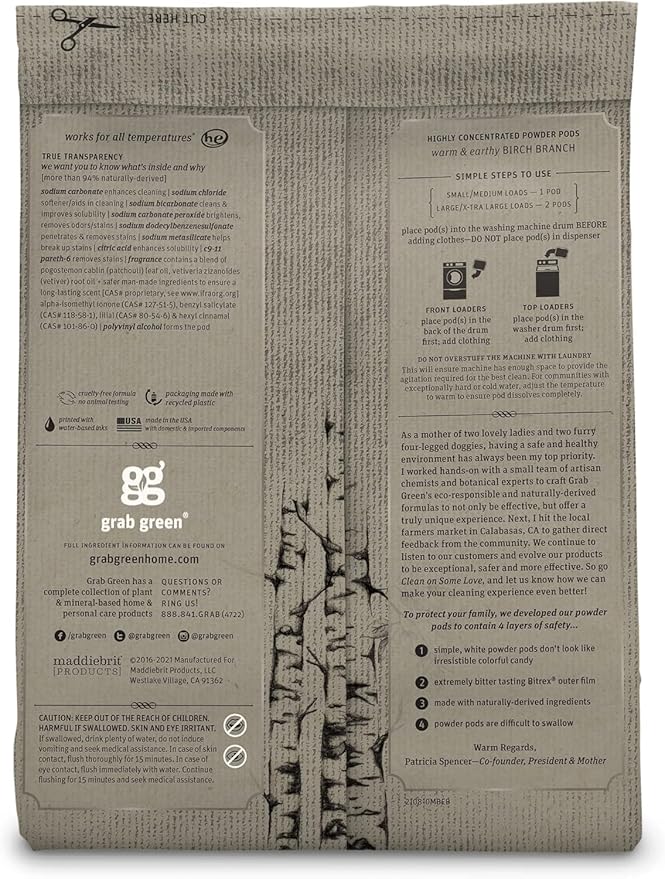 Grab Green Stoneworks Laundry Detergent Pods, 100 Count, Birch Branch Scent, Plant and Mineral Based, Cleans Deeply, Eliminates Odors, Fights Stains,