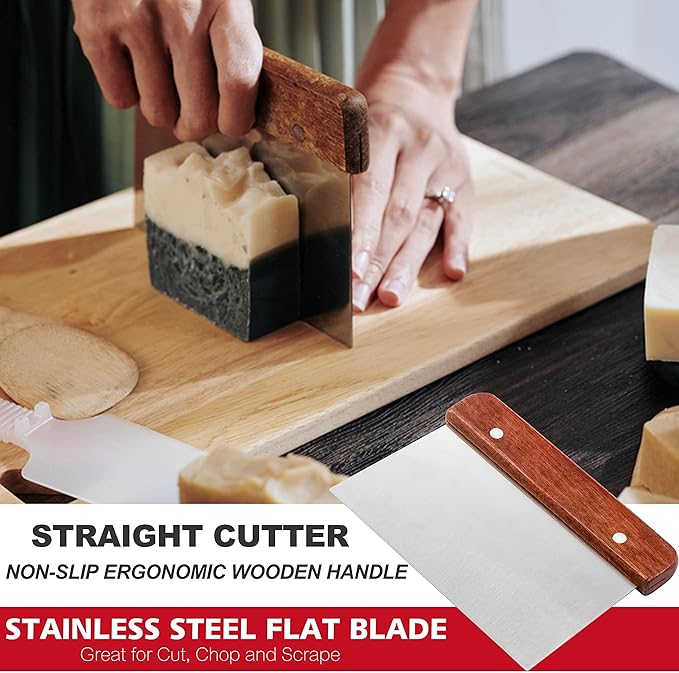 Rectangular Soap Mold Kit with Cutter- 42oz Flexible Silicone Loaf Soap Mold with Wood Box, Stainless Steel Wavy & Straight Scraper for Homemade Craft Soap Making Supplies