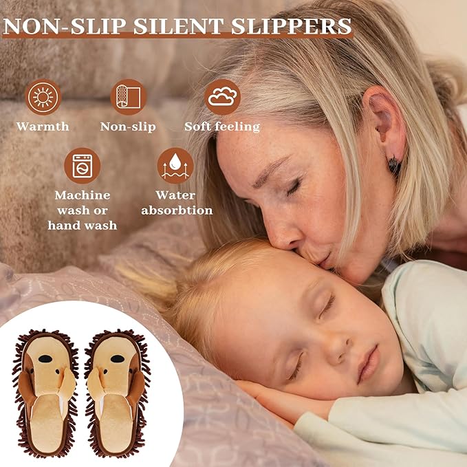 Liitrton Mop Slippers Cartoon Mop Shoes, Washable Microfiber Slippers for Floor Cleaning, Detachable Mopping Slippers for Women Home Floor Cleaning Tools (Brown, Women 7-9/Men 5-7)