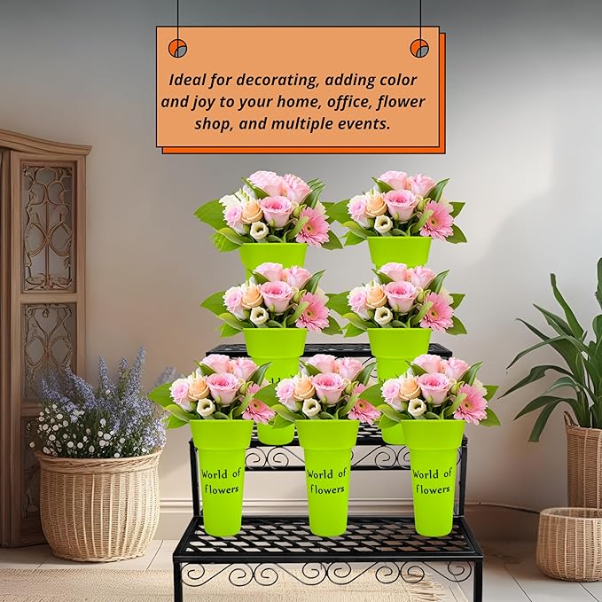 VITAGIR. Set of 6 Buckets for Cut Flowers in Plastic Green Matte Color 14 Inch, Flower Buckets for Flower Bar Ideal for Displaying Flowers in Florist Shop or as Home. (Green)