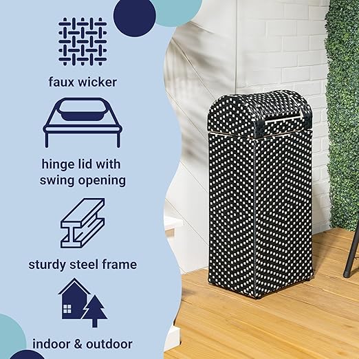 happimess HPM1201E Darla 14.27-Gallon All-Weather Wicker/Metal Swing Top Hideaway Outdoor Trash Can, Dark Navy/White, Classic, Coastal, Casual Wastebin for Backyard, Patio, Porch, Kitchen