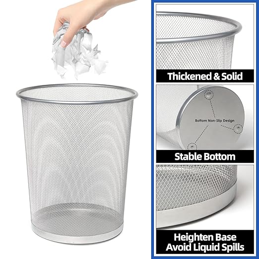 Silver Mesh Trash Cans 4 Gallon, 10Pack, Metal Wire Wastebaskets, Waste Basket Trash Can, Silver Mesh Trash Can for Office, Recycling Garbage Container Bin for Office, Home, Bedroom