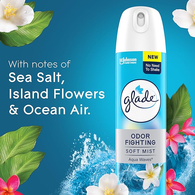 Glade Air Freshener Room Spray, Aqua Waves Scent, Odor Fighting to Deliver Long Lasting Freshness, 8 Oz, 6 Count