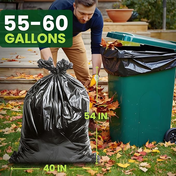 150 Count 55-60 Gallon Trash Bags, Large Garbage Bags Sturdy & Tear-Resistant Commercial Can Liners 55 Gallon, Large Black Trash Bags for Commercial, Lawn and Leaf Bags (150 Count)