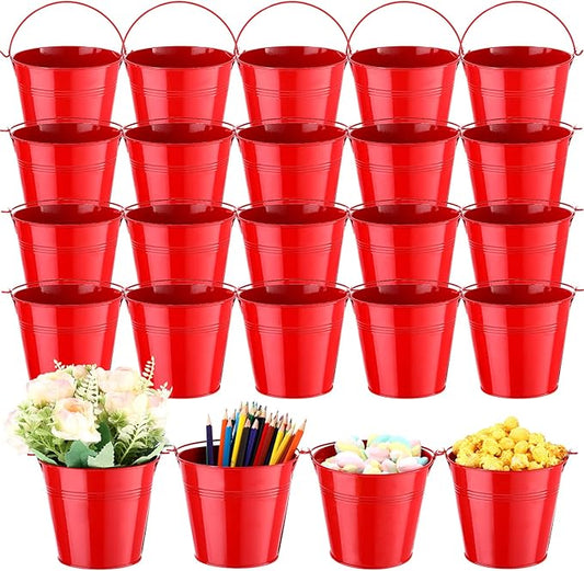 Rtteri 24 Pcs Metal Bucket 5 x 3.5 x 4.7 Inch Mini Party Buckets for Flower Pot Plant Basket Iron Small Metallic Pails with Handle for Container Candy Snack Crafts Vase Party Favors(Red)