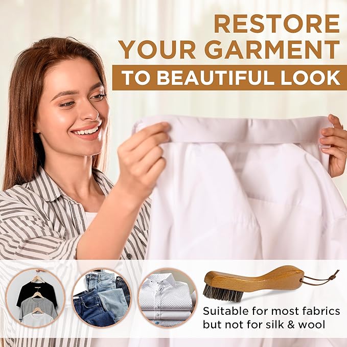 TAKAVU Laundry Stain Brush Set of 2 – Clothes Cleaning Brushes with Horsehair & Wooden Handle – Gentle Fabric Care Brush for Stain Removal, Shoes, Boots & Delicate Garments