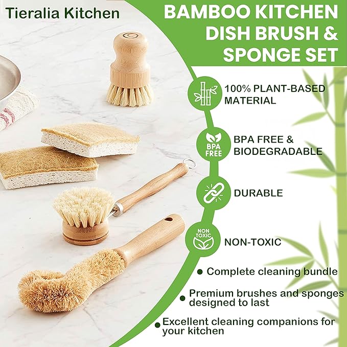Tieralia Bamboo Dish Brush Gift Set – 5-Piece Kitchen Cleaning Bundle with Bottle Brush, Palm Brush, Scrub Brush & Sponge Pads | Elegant Wood Handles, Scratch-Safe Bristles, Giftable Packaging