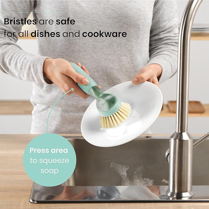 Vigar Rengo Soap Dispensing Dish Brush, Dish Brush with Soap Dispenser for Pot Scrubber, Dishes, Sink Cleaner, and Kitchen Essentials, Turquoise