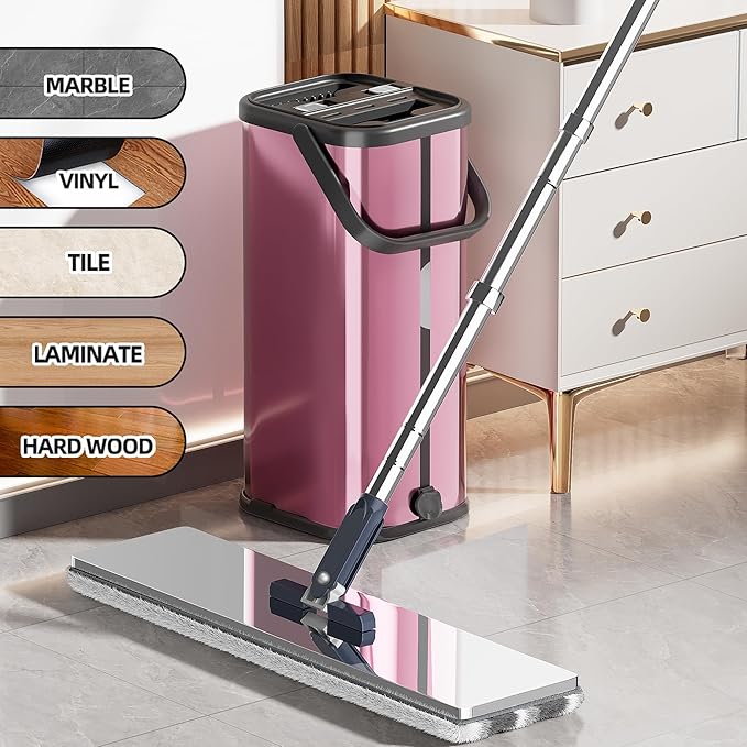 Flat Mop and Bucket for Home with Extra Refills, Stainless Steel Mop and Bucket with Wringer, Hands-Free Mop, Wet and Dry Use Mop with Long Handle (Purple)