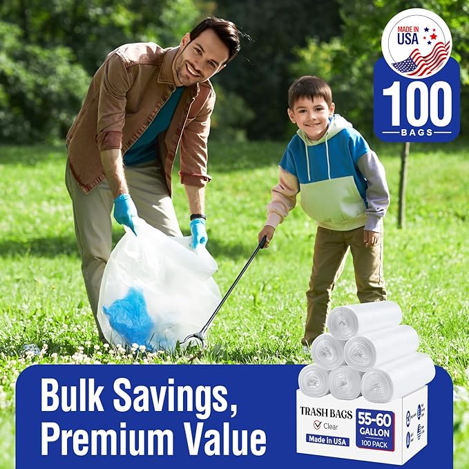 Delxo 55-60 Gallon Clear Trash Bags, 100 Count – 0.9 Mil Medium Duty Garbage Bags, Thick, Durable & Puncture-Resistant Plastic, Perforated Design – Made in USA for Kitchen, Yard, Office & Party