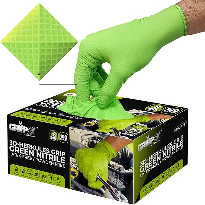 Herkules Grip Heavy Duty 8Mil Green Nitrile Gloves,3D Raised Diamond Texture-Latex & Powder Free-Industrial, Mechanic | Pack of (100 CT)