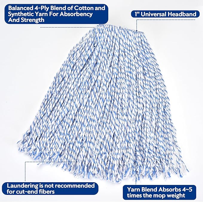Matthew Cleaning Looped-Open Cotton Wet Mop 1.25'' Universal Headband Heavy Duty Commercial Mop Head Replacement for Indoor&Outdoor Use,Grease Stain Floor Cleaning String Mop Head Refills Pack of 24