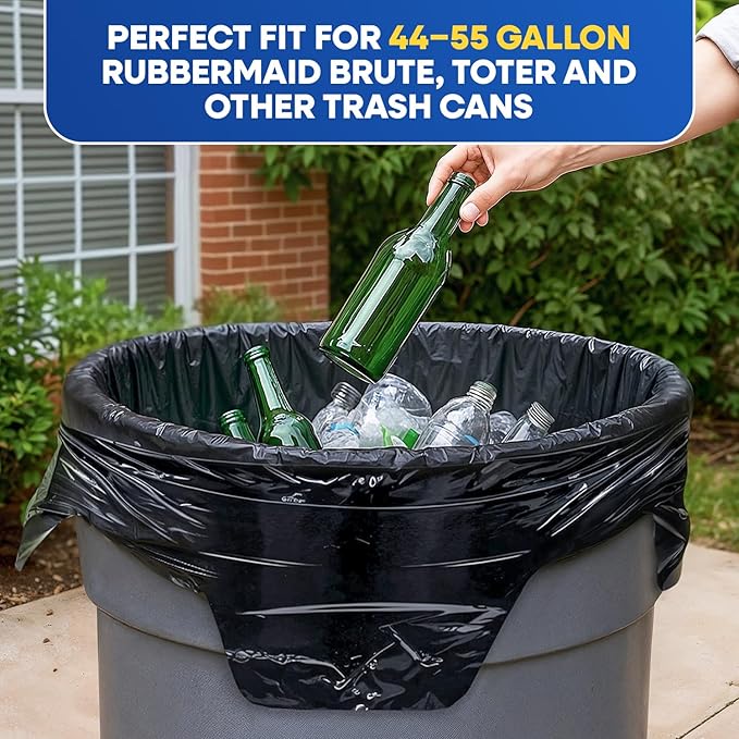 64-65 Gallon Trash Bags Heavy Duty with Flap Ties Extra Large Garbage Bags 2 Mil Outdoor Trash Bags 43 x 49 Trash Can Liners, Black Pack of 20