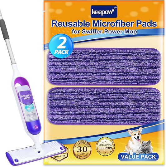 KEEPOW Reusable Power Mop Refill Pads for Swiffer Power Mop, Powermop Mopping Pad Refills for Wood Floor Cleaning, Machine Washable Microfiber Mop Pads for Wet and Dry Use, 2 Pack