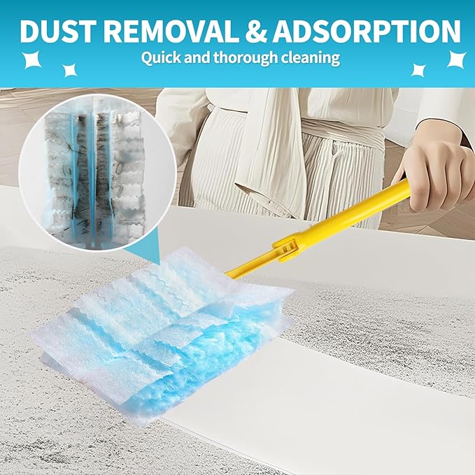 60 Count Microfibre Feather Duster Refills Compatible with Swiffer Dusters, Disposable Static Dust Removal Refills, Multi-Surface Duster with 1 Pcs Retractable Handle(Unscented, Pack of 1)