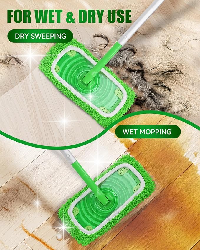 Reusable Microfiber Mop Pads Compatible with Swiffer Sweeper Mop, Wet Pads Refill, Chenille Dry Sweeping Cloths, Washable Wet Mopping Cloths & Dry Cloths for Hardwood Floor Cleaning, 4 Pack