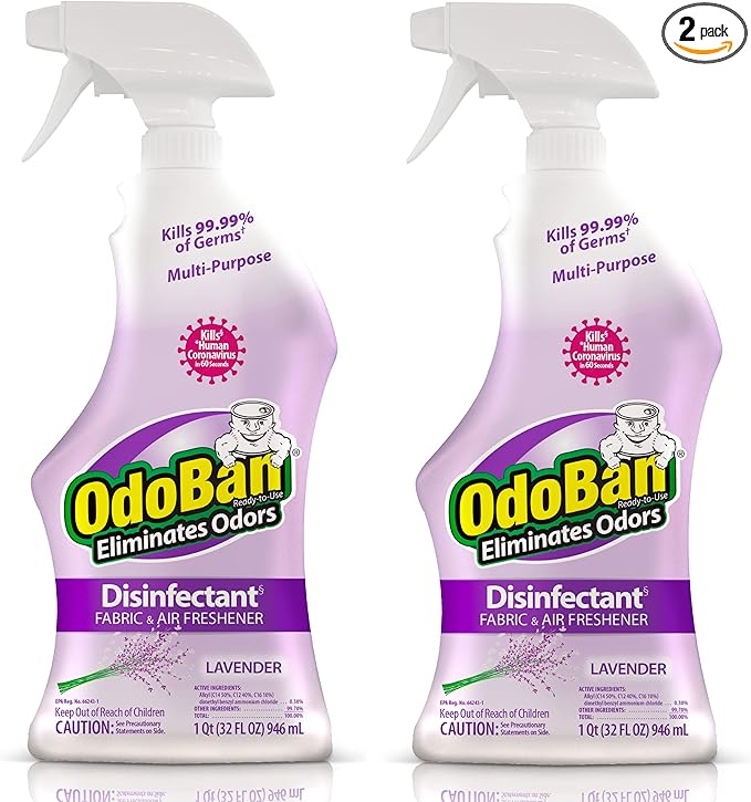 OdoBan Ready-to-Use Disinfectant and Odor Eliminator, Set of 2 Spray Bottles, 32 Ounces Each, Lavender Scent
