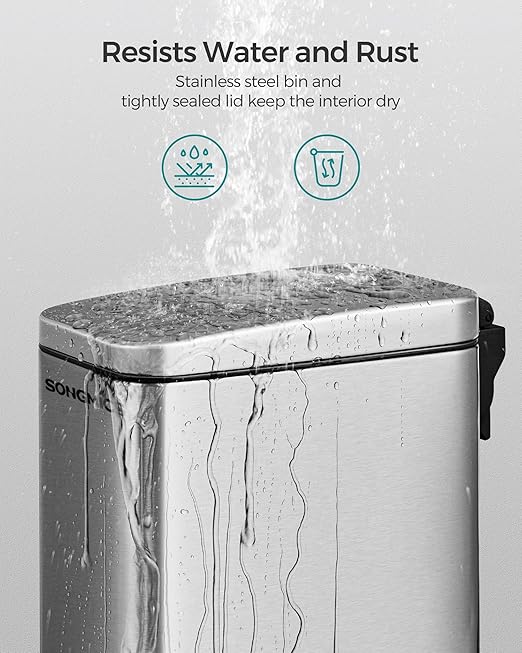 SONGMICS Bathroom Trash Can, 2.6 Gallon (10 L) Small Trash Bin with Lid, Slim for Small Spaces, Stainless Steel Garbage Can, Soft Close, Silver ULTB561E10