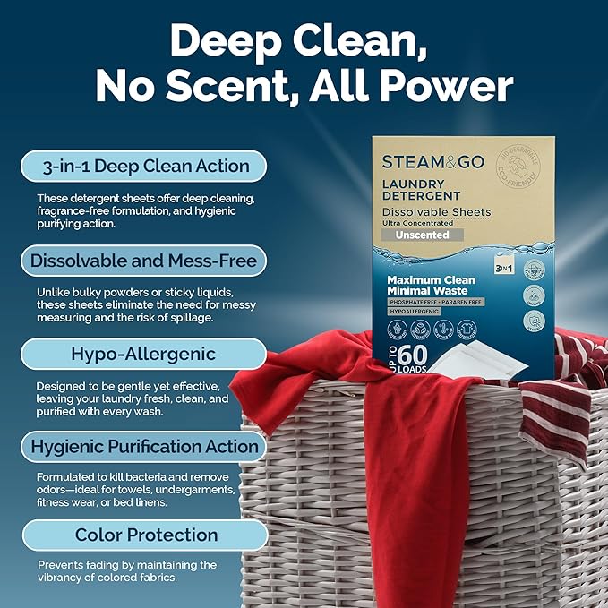 Steam and Go Laundry Detergent Sheets – 3in1 Dissolvable Sheets with Deep Cleaning, Fragrance-Free, & Hygienic Purifying Action – Hypoallergenic, Vegan & Cruelty-Free - Unscented – 30 Ct