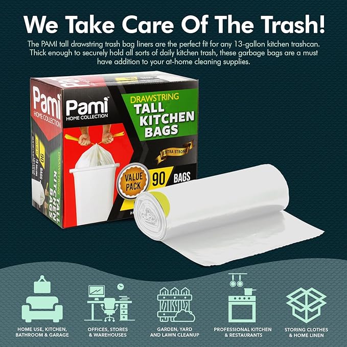 PAMI Tall 13-Gallon Kitchen Drawstring Trash Bags [90-Pack, White] - Extra-Strong Plastic Garbage Bags- Thick Trash Can Liners For Kitchen, Bathroom & Outdoor Bins- 2ft x2ft Unscented Trash Bags