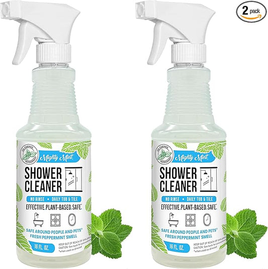 Mighty Mint Shower Cleaner, No-Rinse, No-Scrub, Daily Spray for Glass, Tile, Grout, Fresh Peppermint Scent, 16oz (Pack of 2)