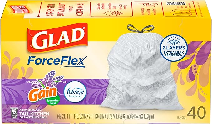 Glad ForceFlex Tall Kitchen Trash Bags, 13 Gallon, Gain Lavender, 40 Count (Package May Vary)