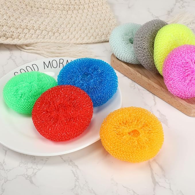 Nuogo 100 Pieces Reusable Plastic Dish Pot Scrubbers Bulk, Non-Scratch Nylon Scouring Pads for Kitchen Cleaning, Assorted Color Poly Mesh Dishwashing Pads for Household Use