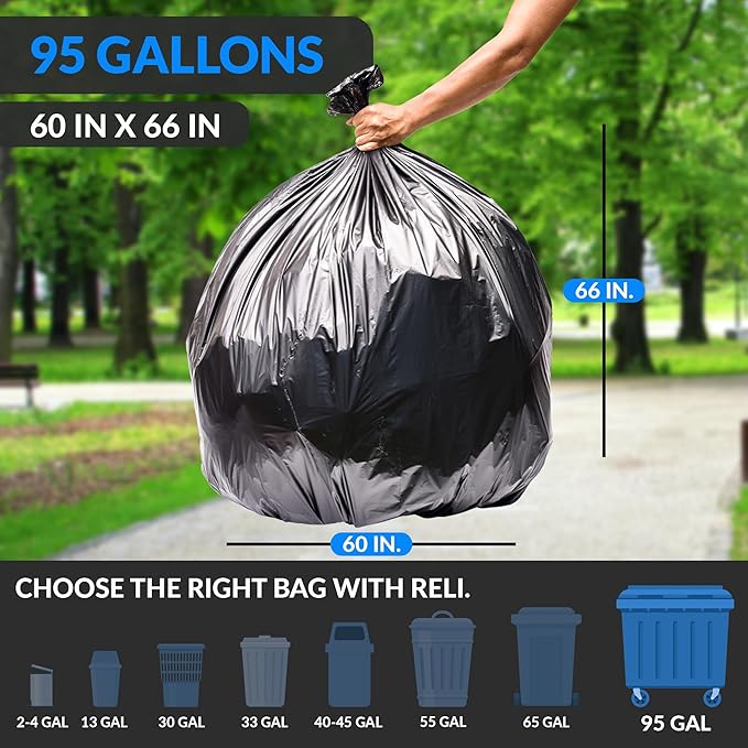 Reli. 95 Gallon Trash Bags Heavy Duty | 68 Trash Bags | Super Sizeable, Black, Garbage for Serious Cleanup