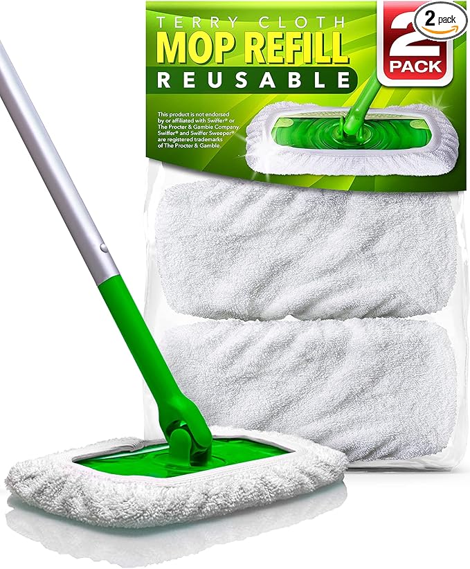 VanDuck Reusable 100% Cotton Mop Pads Compatible with Swiffer Sweeper (2-Pack), Terry Cloth Mop Covers Washable for Wet Mopping and Floor Cleaning (Handle is Not Included)