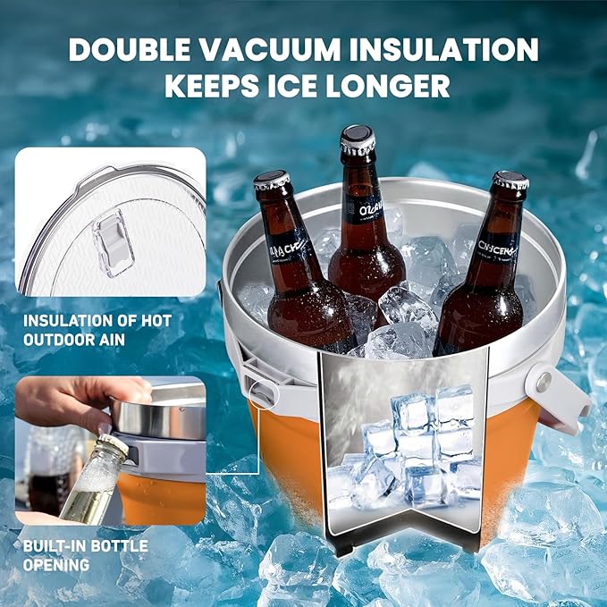 COKTIK 7L Insulated Ice Bucket with Lid，Double Wall Vacuum Stainless Steel Beverage Bucket Keeps Frozen Longer，Holds 6 Longnecks or 3 Bottles of Wine，for Cocktail, Champagne, Large Parties(Orange)