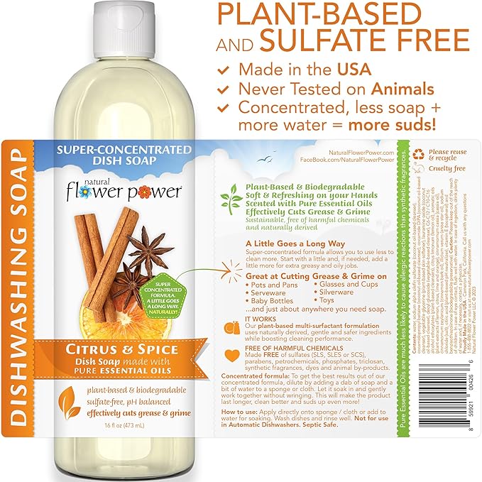 Natural Flower Power Liquid Dish Soap – Variety Pack – Citrus & Spice, Lemongrass, & Lavender – Plant-Based & Scented w/ Pure Essential Oils – Sulfate-Free Kitchen Soap – Vegan (16 Fl Oz 3 Pack)
