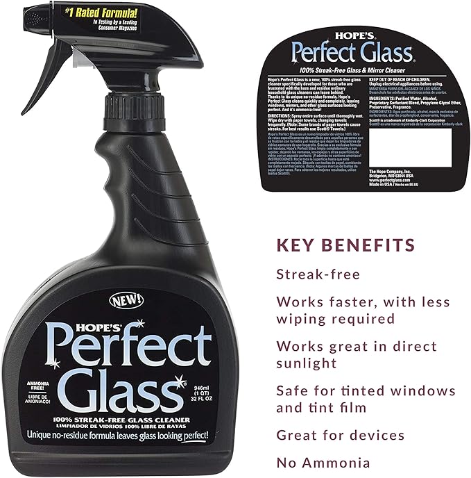 HOPE'S Perfect Glass Cleaner, Streak-Free, Ammonia-Free Window, Mirror, Screen, and Shower Door Cleaner, Indoor and Outdoor Glass Surfaces, 32 Fl Oz Spray Bottle and 67.6 Fl Oz Refill, Pack of 4