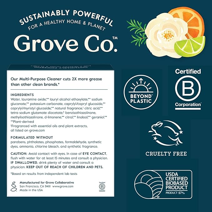 Grove Co. Multi-Purpose Cleaner, Refill Concentrate (6 x 1 Fl Oz) Plant-based Household Cleaning Supplies, Ammonia & Chlorine Free, No Plastic Waste, Lemon & Eucalyptus Scent, Total 3 x 2 Pack Refills