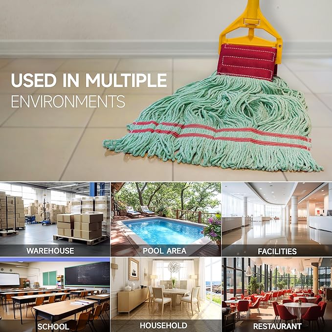 ONESIMUS 30 oz Pack of 12 Cleaning Heavy Duty Industrial Commercial Grade Looped-End Mop Head Replacement,6'' Headband Cotton String Wet Mop Head Refills,Machine Washable Green Mop