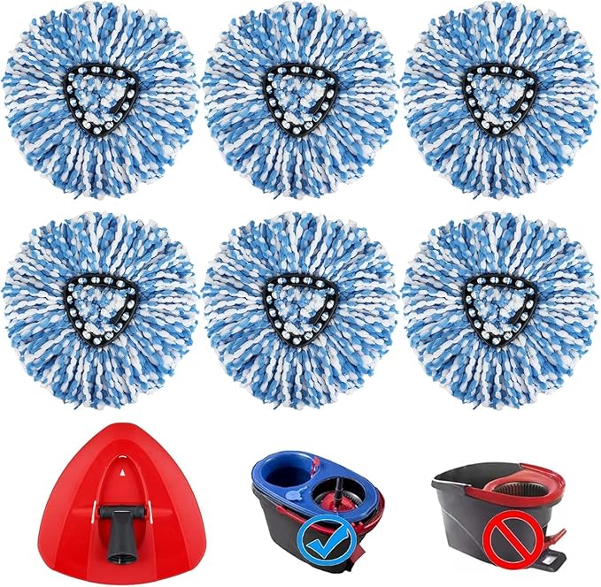RinseClean Spin Mop Head Refill for Vileda EasyWring 2-Tanks System - Rotating Microfiber Triangle Replacement Pads Washable & Reusable fit All Floor - 6 Cloth 1 Mop Base
