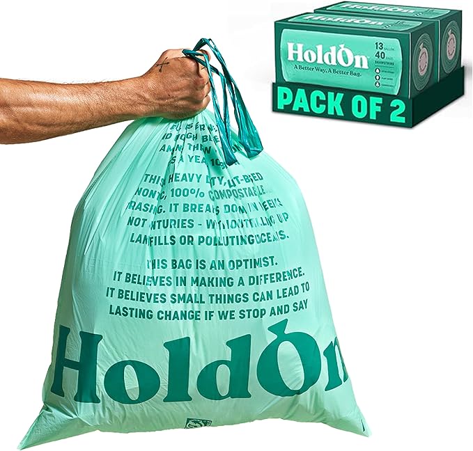 HoldOn 13-Gallon Trash Bags – Tall Kitchen Trash Bags with Drawstring Handles for Tall Trash Bins, Heavy-duty and Compostable, Large Trash Bags (40 bags, Pack of 2)