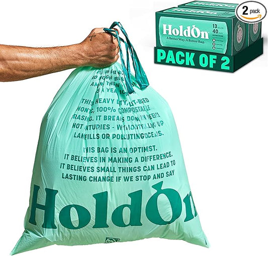 HoldOn 13-Gallon Trash Bags – Tall Kitchen Trash Bags with Drawstring Handles for Tall Trash Bins, Heavy-duty and Compostable, Large Trash Bags (40 bags, Pack of 2)