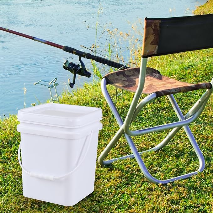 4 Packs Square Food Buckets with Lid, 5 Gallon Plastic Lidded Storage Bucket, Utility Pail, White