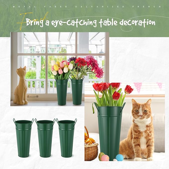 Lallisa 24 Pcs Metal Vases 9 Inch Galvanized French Farmhouse Flower Buckets with Handles and Hemp Rope, Vintage Style Flower Containers for Country Wedding Party Table Centerpiece Decor(Dark Green)