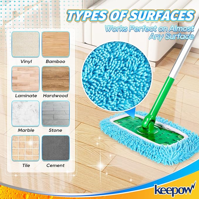 KEEPOW Reusable Microfiber Mop Pads Compatible with Swiffer Sweeper, Dry Sweeping Cloths, Washable Wet Mopping Cloth Refills for Hardwood Floor Cleaning, 6 Pack