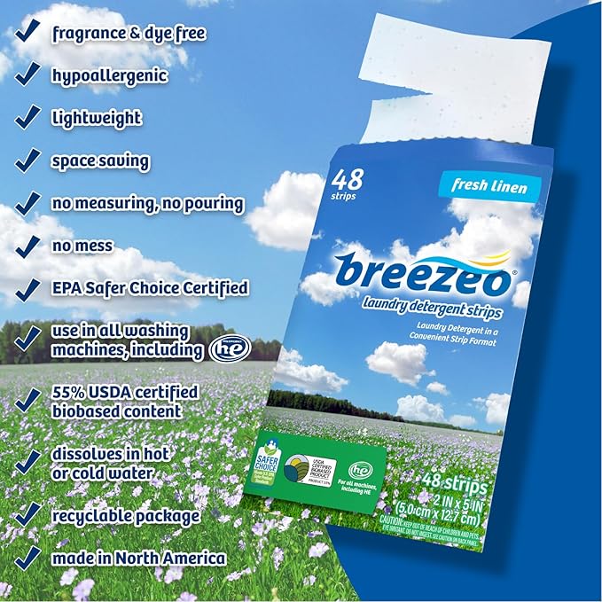 Breezeo Laundry Detergent Strips (48 strips) - Fresh Linen Scent - More Convenient than Pods, Pacs, Liquids or Powders – Great for Home, Dorm, Travel, Camping & Hand-Washing