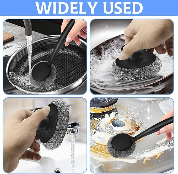 Scrubber with Handle Comes with Three Replacement Balls Steel Wool, Short Handle Scrubber, Steel Wool Scrubber Supplies Dish Scrubber, Stainless Steel Scrubber Tool Metal Scrubber for Dishes